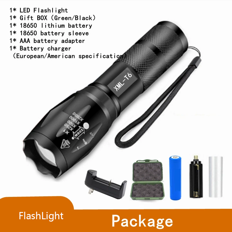 T6 strong light flashlight aluminum alloy portable multi-functional small flashlight focusing XPE flashlight gift box set